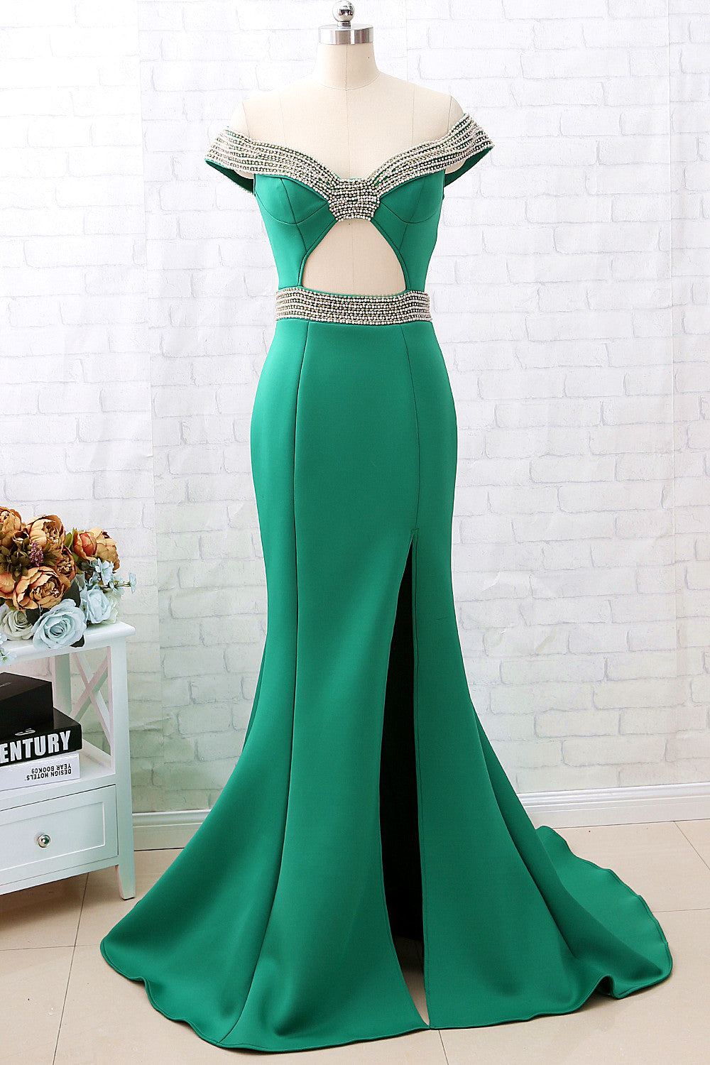 Vestido de fiesta verde con hombros descubiertos y corte sirena de MACloth, vestido de noche formal sexy