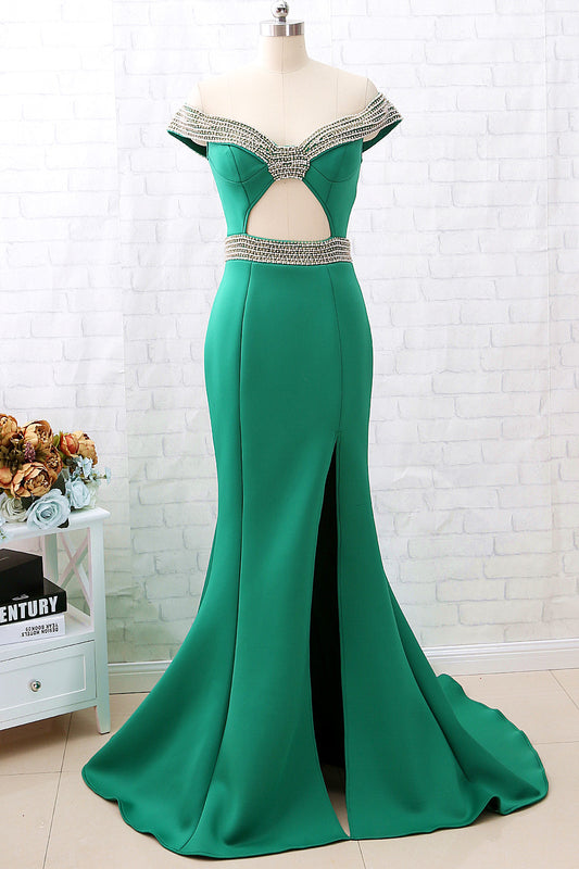 MACloth Mermaid Off the shoulder Green Prom Dress Sexy Formal Evening Gown