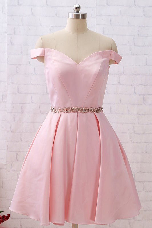 MACloth Off the Shoulder Short Satin Prom Homecoming Dress Pink Party Dress