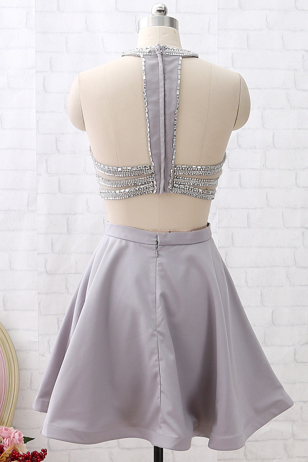 MACloth Two Piece Short Silver Mini Prom Homecoming Dress Wedding Party Dress Custom Color / Above Knee / US10 MACloth Two Piece Short Silver Mini Prom Homecoming Dress Wedding Party Dress Custom Color / Above Knee / US10