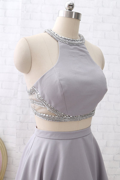 MACloth Two Piece Short Silver Mini Prom Homecoming Dress Wedding Party Dress