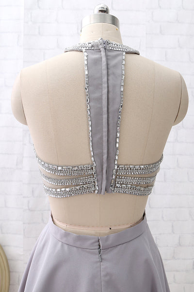 MACloth Two Piece Short Silver Mini Prom Homecoming Dress Wedding Party Dress