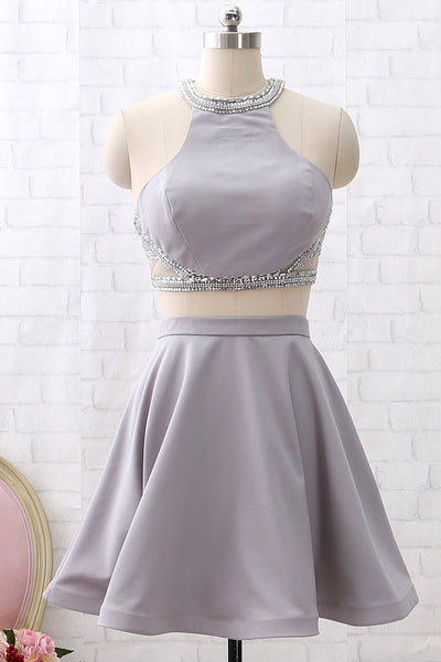 MACloth Two Piece Short Silver Mini Prom Homecoming Dress Wedding Party Dress
