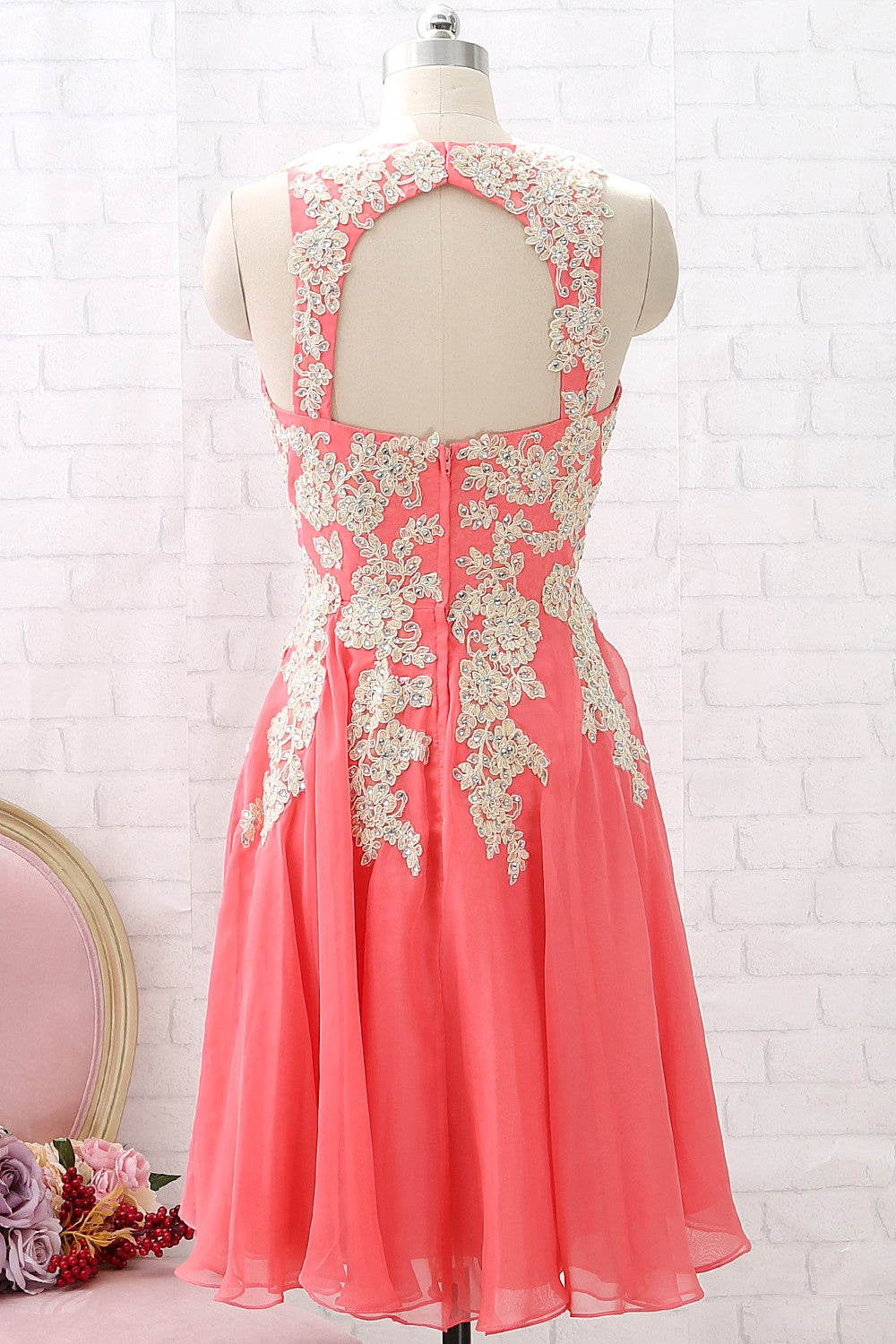 MACloth Straps Lace Chiffon Coral Short Prom Homecoming Dress Wedding Party Dress Coral / Above Knee / US10 MACloth Straps Lace Chiffon Coral Short Prom Homecoming Dress Wedding Party Dress Coral / Above Knee / US10