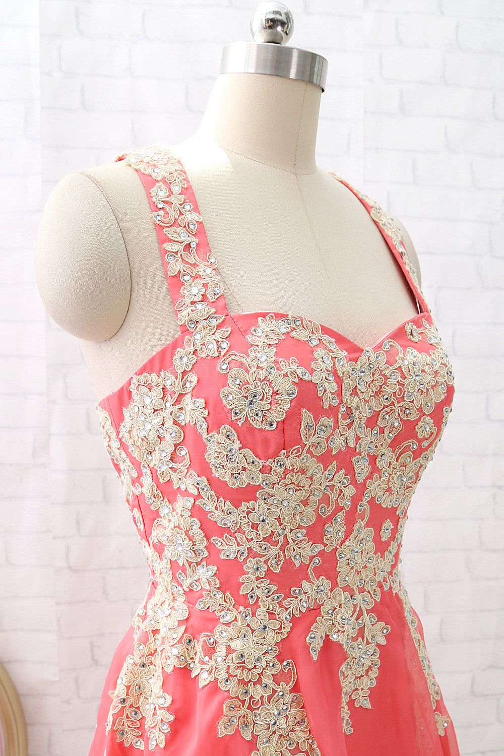 Vestido corto de fiesta de boda con tirantes de MACloth, de gasa y encaje color coral