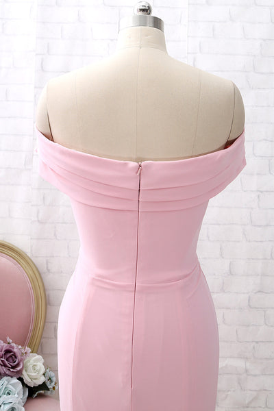 MACloth Off the Shoulder Jersey Pink Prom Dress Mermaid Formal Evening Gown with Slit