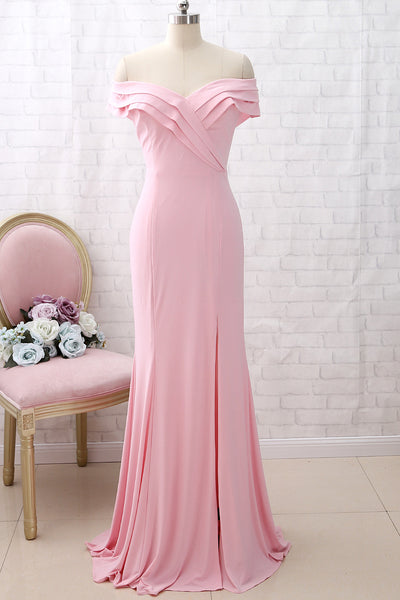 MACloth Off the Shoulder Jersey Pink Prom Dress Mermaid Formal Evening Gown with Slit