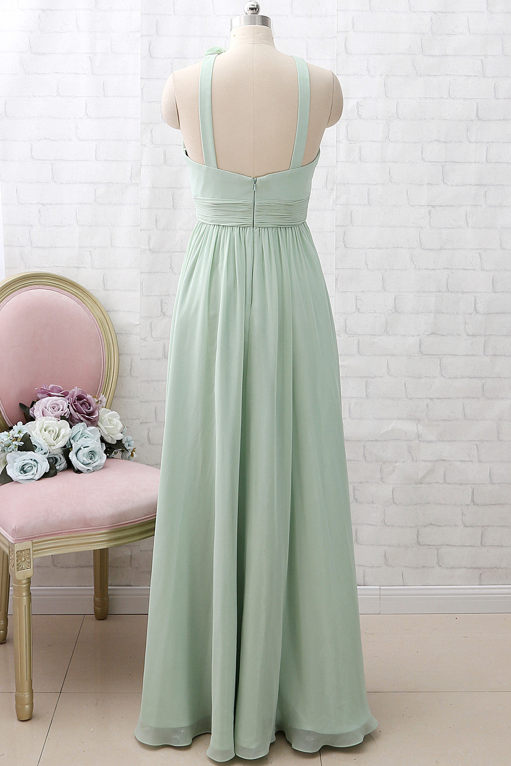 MACloth Halter O Neck Chiffon Mint Long Bridesmaid Dress Wedding Party Dress
