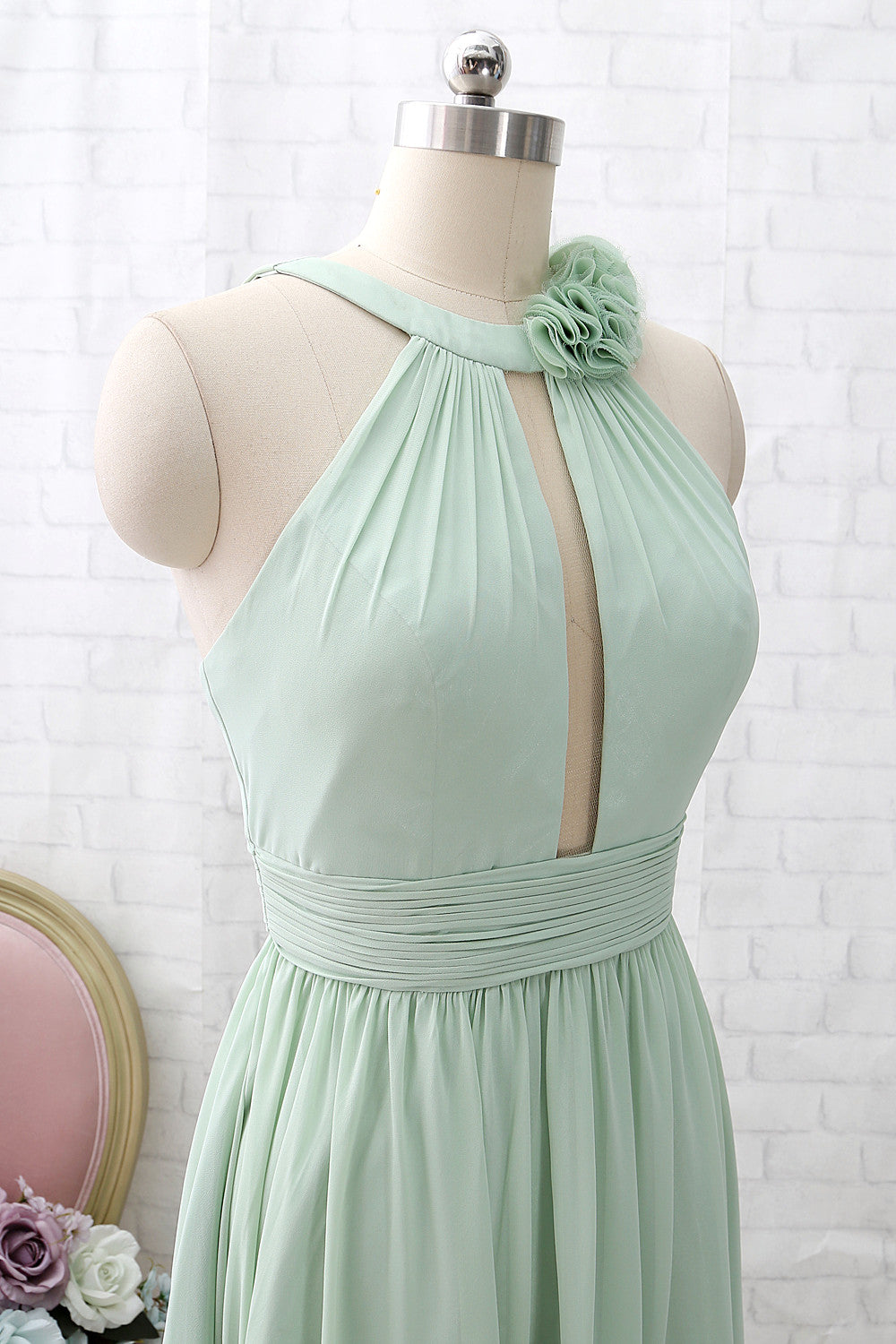 MACloth Halter O Neck Chiffon Mint Long Bridesmaid Dress Wedding Party Dress