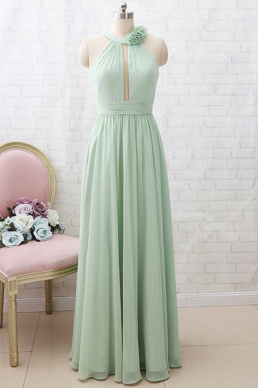 Vestido de dama de honor largo de gasa color menta con cuello halter y escote redondo de MACloth, vestido de fiesta de boda
