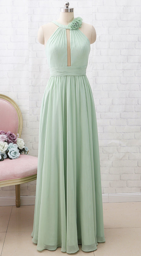 MACloth Halter O Neck Chiffon Mint Long Bridesmaid Dress Wedding Party Dress