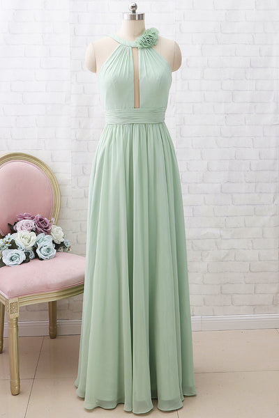 MACloth Halter O Neck Chiffon Mint Long Bridesmaid Dress Wedding Party Dress