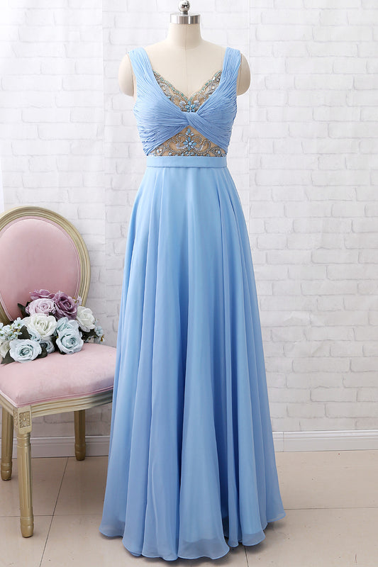 MACloth Straps V Neck Beaded Long Prom Dress Chiffon Formal Evening Gown