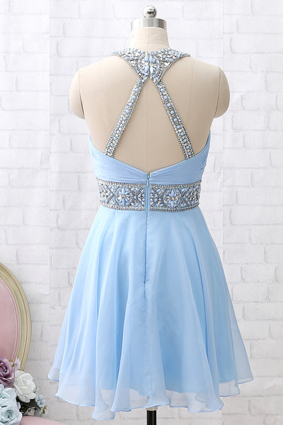 MACloth Halter O Neck Beaded Short Prom Homecoming Dress Sky Blue Formal Party Dress