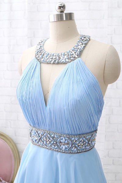 MACloth Halter O Neck Beaded Short Prom Homecoming Dress Sky Blue Formal Party Dress