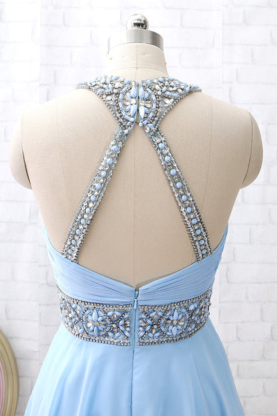 MACloth Halter O Neck Beaded Short Prom Homecoming Dress Sky Blue Formal Party Dress