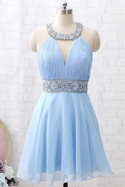 MACloth Halter O Neck Beaded Short Prom Homecoming Dress Sky Blue Formal Party Dress