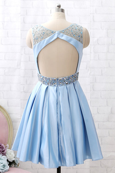 MACloth  Straps Scoop Neck Beaded Short Prom Homecoming Dress Sky Blue Wedding Party Dress