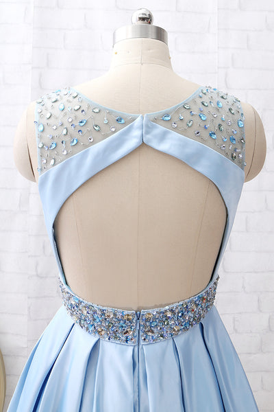 MACloth  Straps Scoop Neck Beaded Short Prom Homecoming Dress Sky Blue Wedding Party Dress