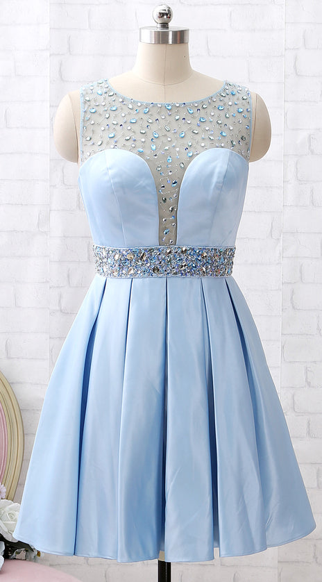 MACloth  Straps Scoop Neck Beaded Short Prom Homecoming Dress Sky Blue Wedding Party Dress
