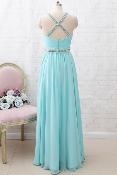 MACloth Straps O Neck Crystals Chiffon Long Prom Dress Aqua Formal Party Dress
