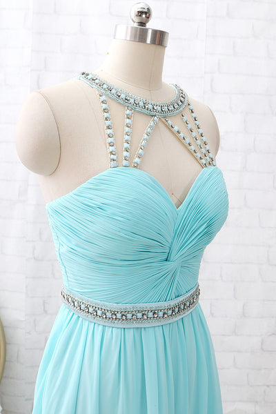 MACloth Straps O Neck Crystals Chiffon Long Prom Dress Aqua Formal Party Dress