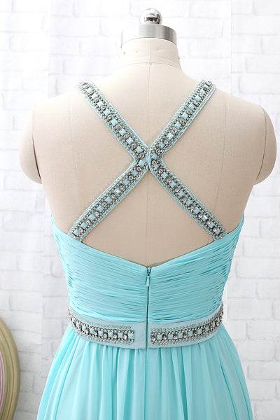 MACloth Straps O Neck Crystals Chiffon Long Prom Dress Aqua Formal Party Dress