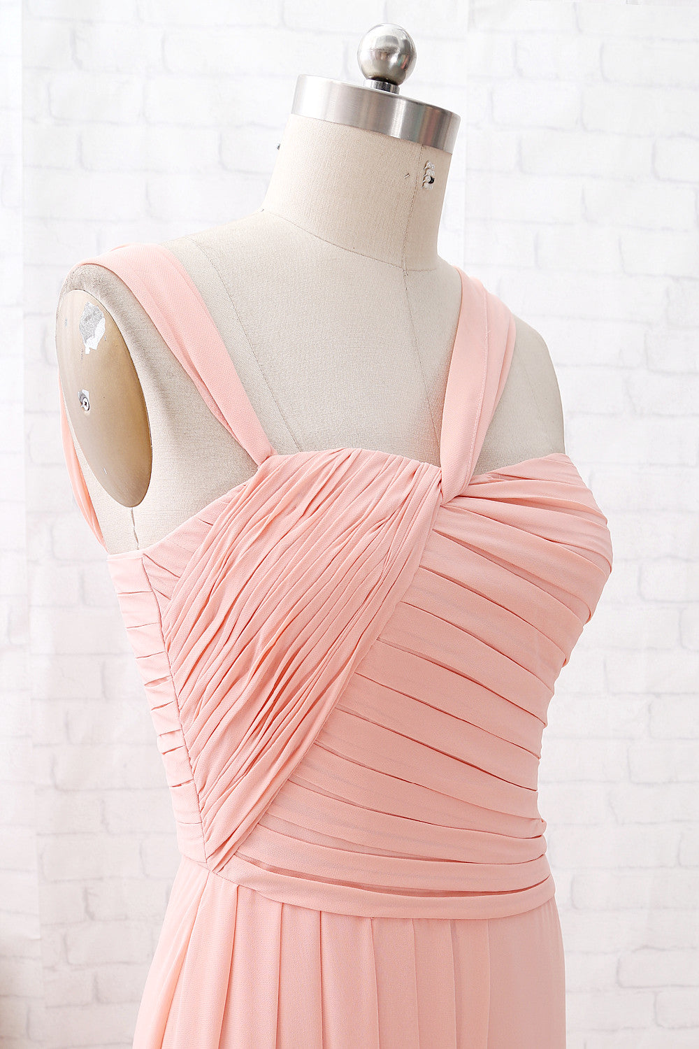 MACloth Straps Chiffon Long Bridesmaid Dress Coral Formal Wedding Party Dress