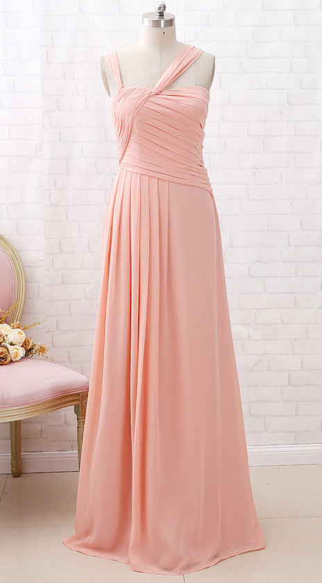 MACloth Straps Chiffon Long Bridesmaid Dress Coral Formal Wedding Party Dress
