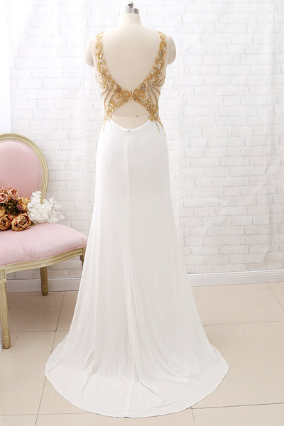 MACloth Mermaid Straps O Neck Beaded Long Prom Dress Jersey Ivory Formal Evening Gown