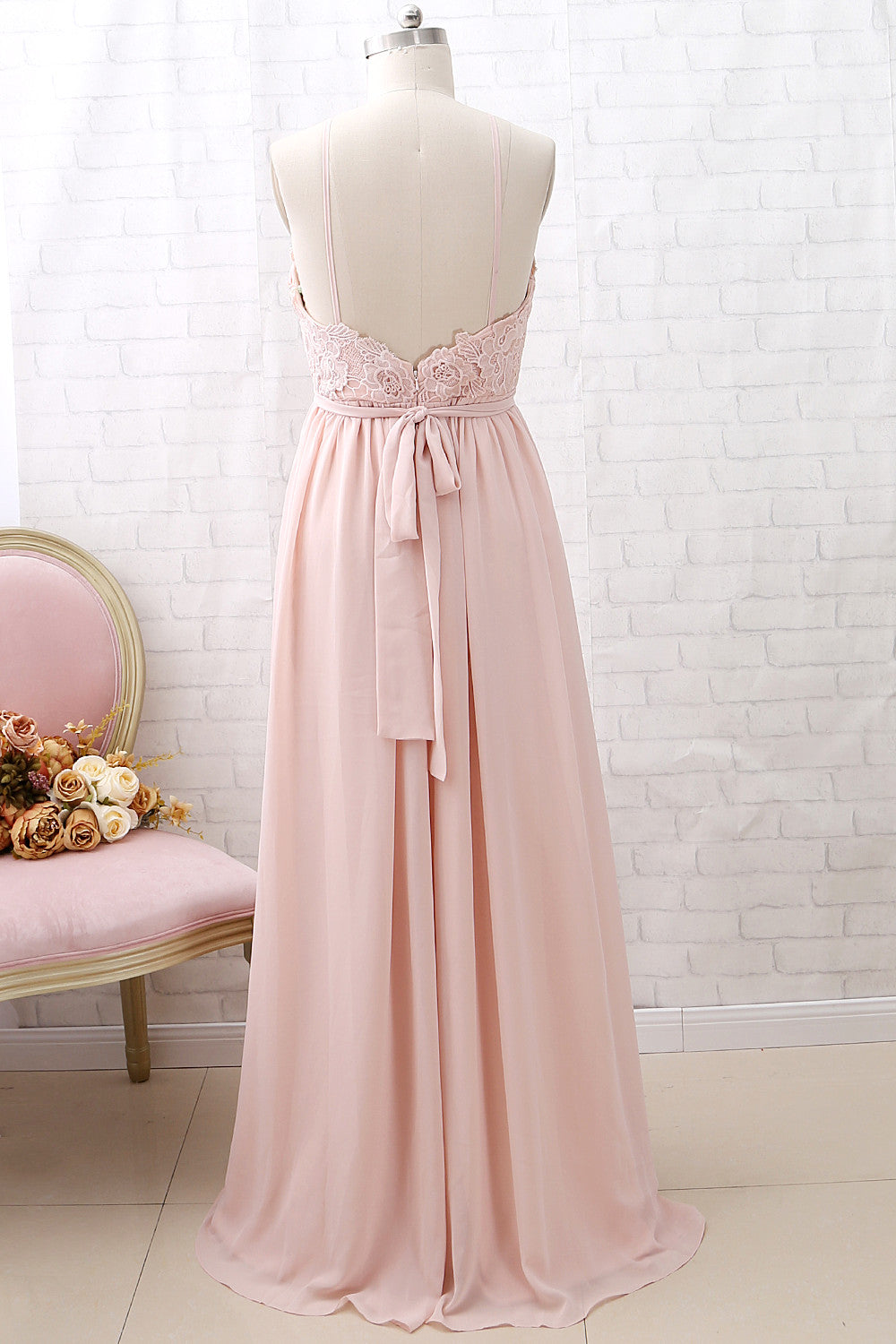 MACloth Halter Lace Chiffon Long Dusty Pink Bridesmaid Dress Simple Fo MACloth Halter Lace Chiffon Long Dusty Pink Bridesmaid Dress Simple Fo