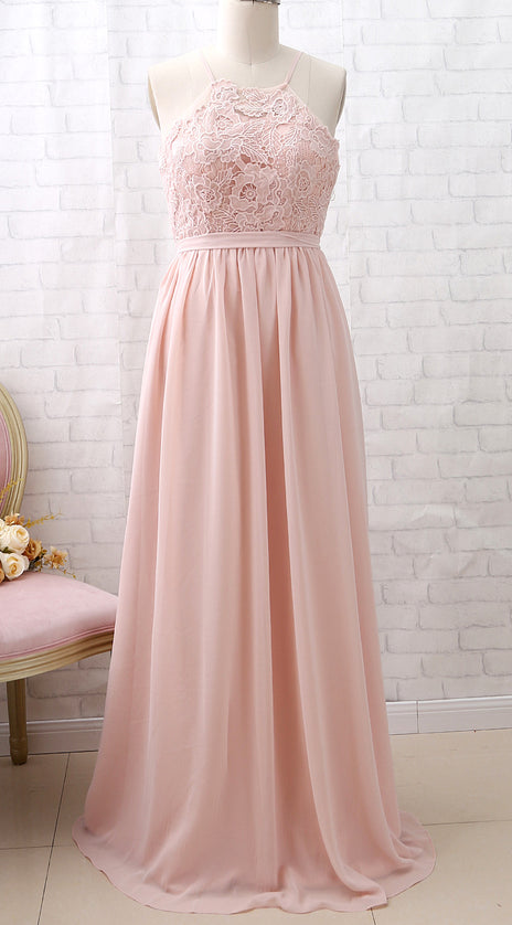 MACloth Halter Lace Chiffon Long Dusty Pink Bridesmaid Dress Simple Formal Evening Gown