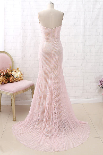 MACloth Mermaid Strapless V Neck Long Pink Prom Dress Beaded Formal Evening Gown