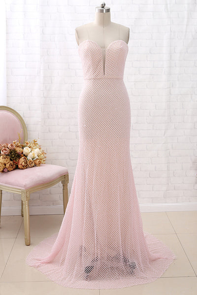 MACloth Mermaid Strapless V Neck Long Pink Prom Dress Beaded Formal Evening Gown