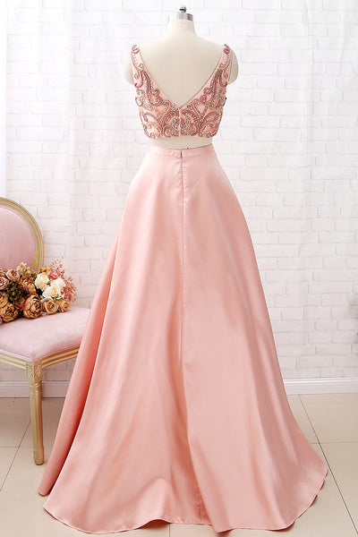 MACloth Two Piece V Neck Beaded Satin Peach Prom Dress Formal Evening Gown