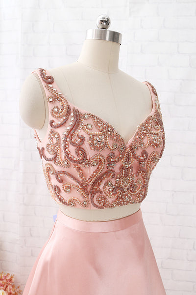 MACloth Two Piece V Neck Beaded Satin Peach Prom Dress Formal Evening Gown