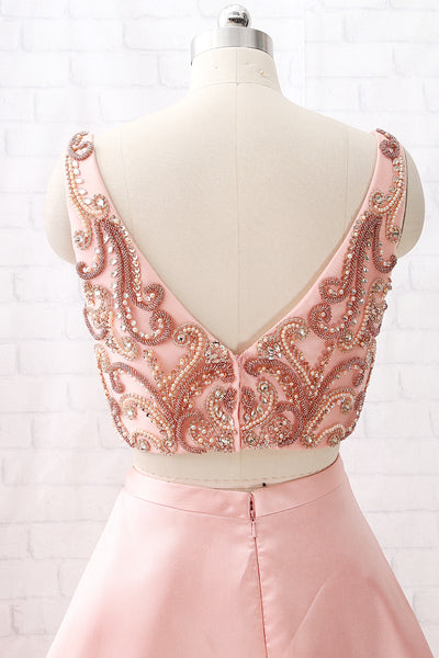 MACloth Two Piece V Neck Beaded Satin Peach Prom Dress Formal Evening Gown
