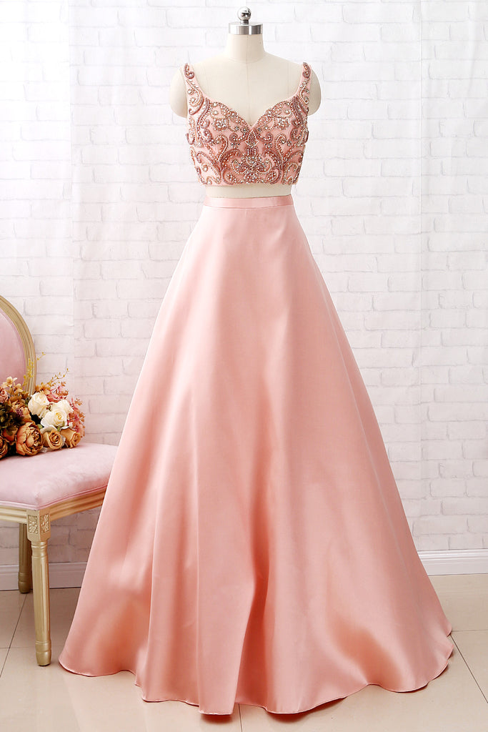 MACloth Two Piece V Neck Beaded Satin Peach Prom Dress Formal Evening Gown