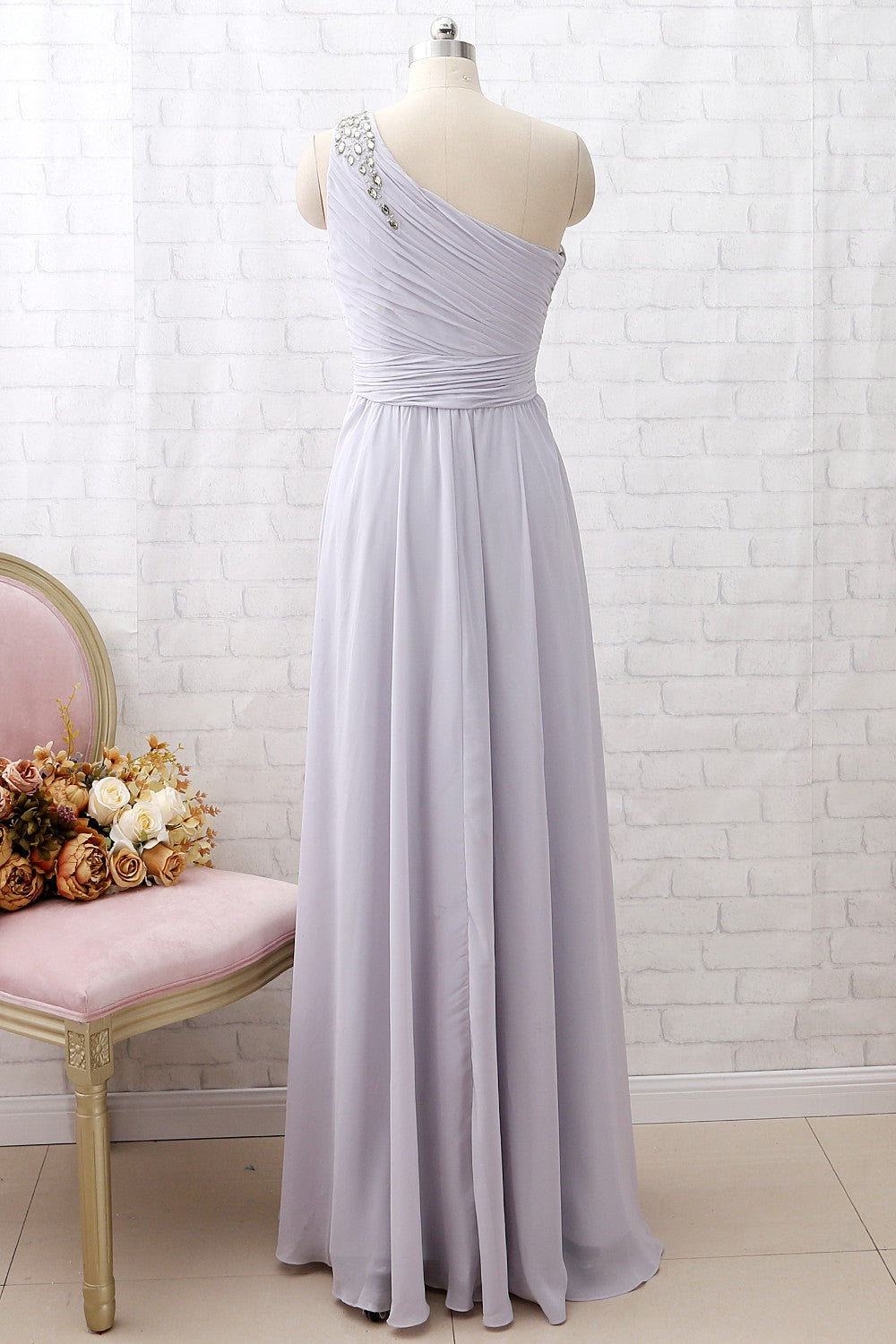 MACloth One Shoulder with Beaded Long Bridesmaid Dress Silver Formal Party Dress Custom Color / Above Knee / US6