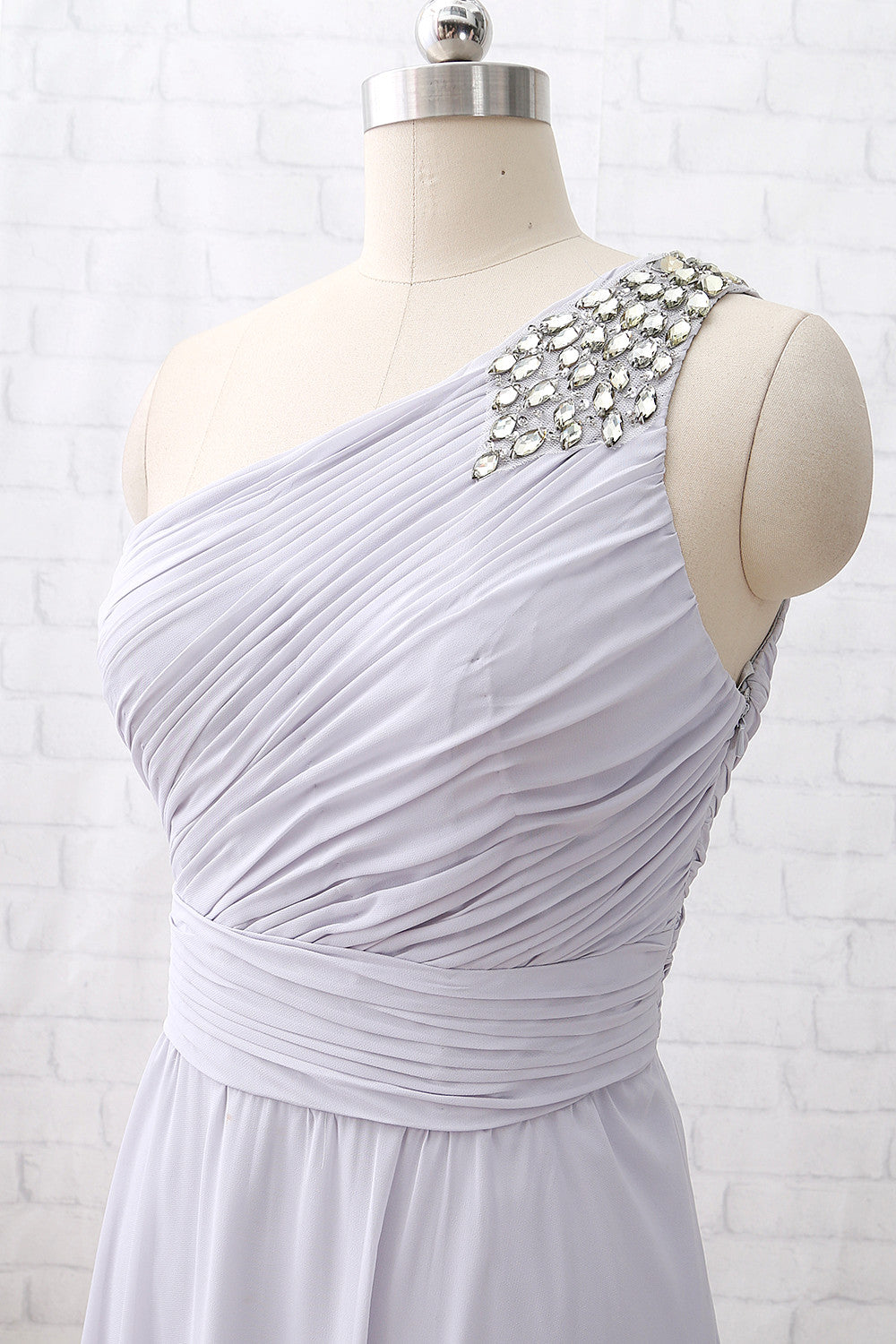 MACloth One-Shoulder mit Perlen langes Brautjungfernkleid Silber formelles Partykleid