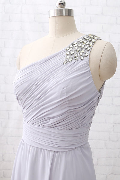 MACloth One Shoulder with Beaded Long Bridesmaid Dress Silver Formal Party Dress