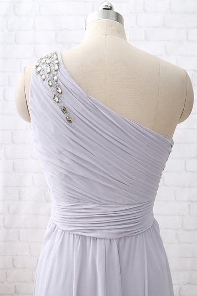 MACloth One Shoulder with Beaded Long Bridesmaid Dress Silver Formal Party Dress