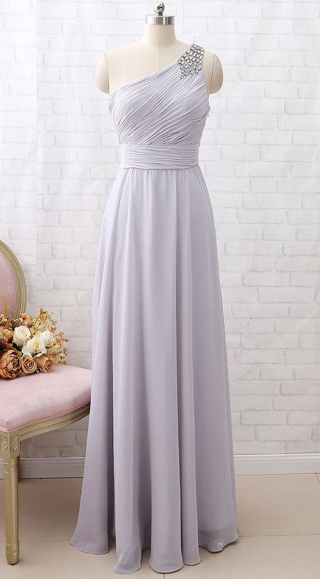 MACloth One Shoulder with Beaded Long Bridesmaid Dress Silver Formal Party Dress