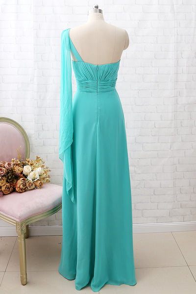 MACloth One Shoulder Chiffon Long Bridesmaid Dress Turquoise Formal Party Dress