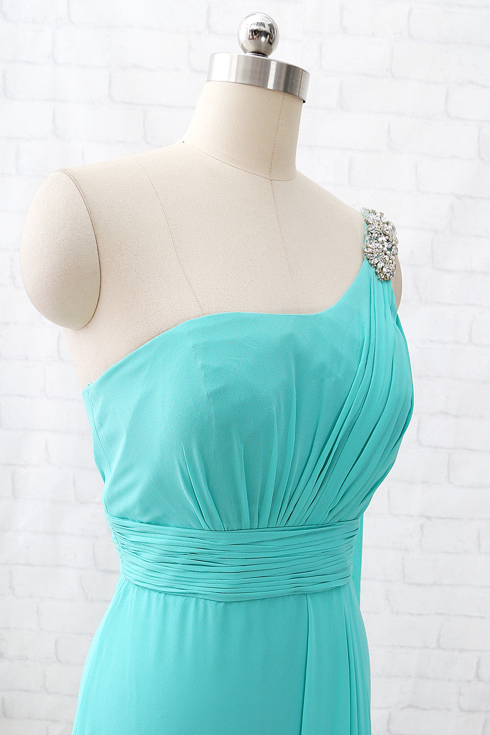 MACloth One-Shoulder Chiffon Langes Brautjungfernkleid Türkis Formales Partykleid
