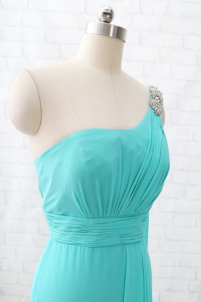 MACloth One Shoulder Chiffon Long Bridesmaid Dress Turquoise Formal Party Dress