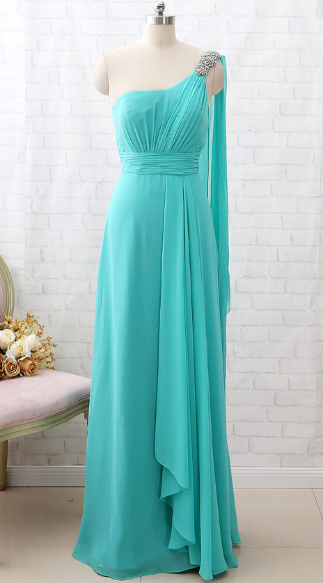 MACloth One Shoulder Chiffon Long Bridesmaid Dress Turquoise Formal Party Dress