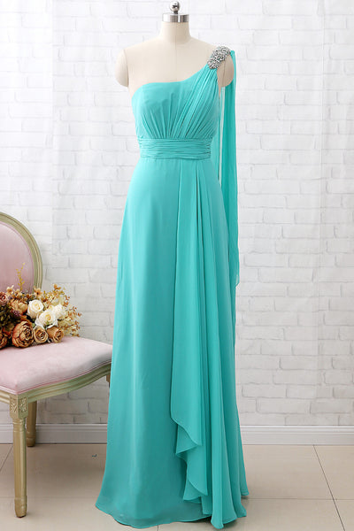 MACloth One Shoulder Chiffon Long Bridesmaid Dress Turquoise Formal Party Dress