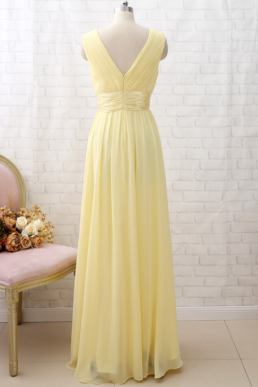 Macloth Straps V Neck Chiffon Long Bridesmaid Dress Yellow Formal Party Dress Custom Color / Above Knee / US12 Macloth Straps V Neck Chiffon Long Bridesmaid Dress Yellow Formal Party Dress Custom Color / Above Knee / US12