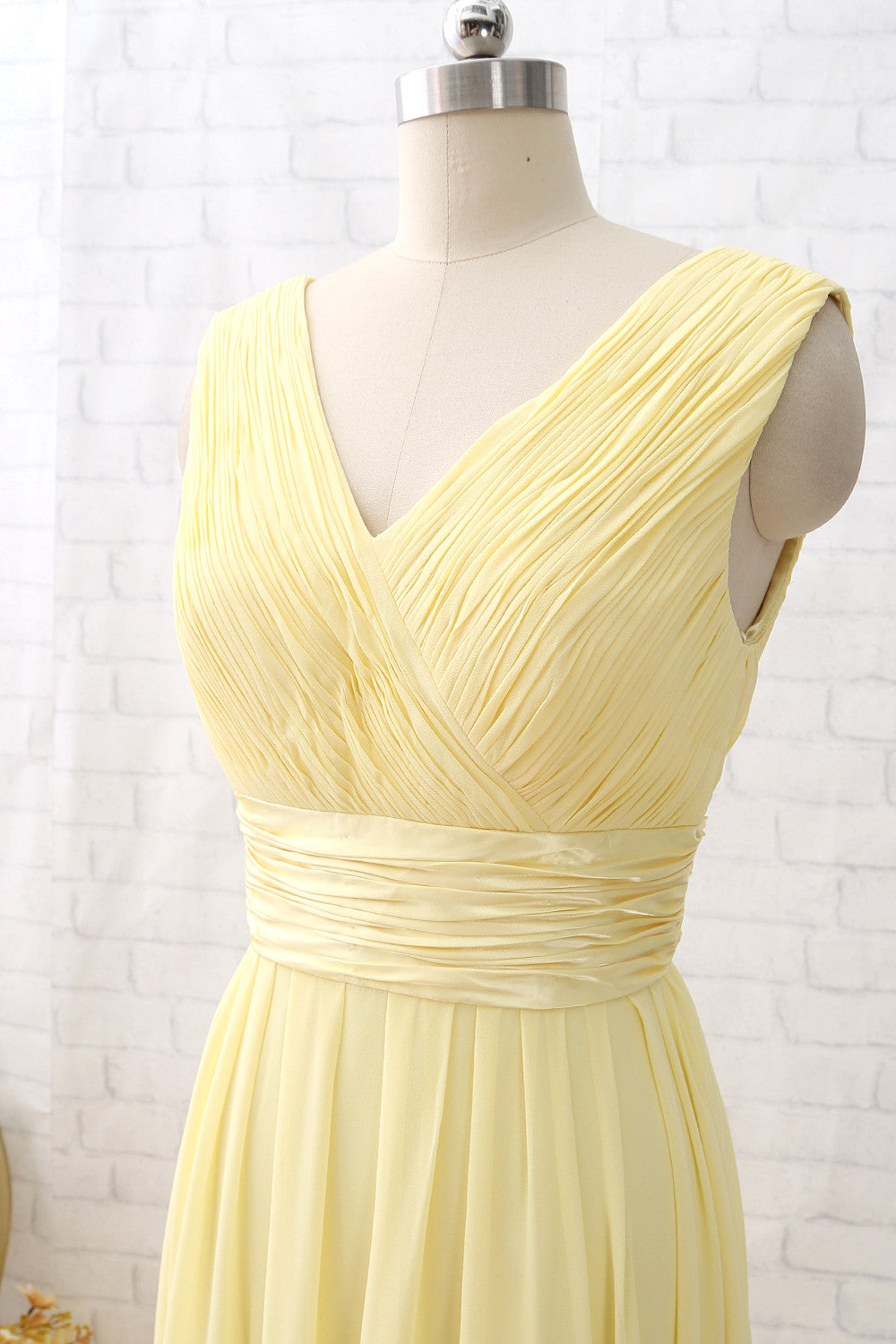 MACloth Straps V neck Chiffon Long Bridesmaid Dress Yellow Formal Party Dress Yellow / Tea Length / US0 MACloth Straps V neck Chiffon Long Bridesmaid Dress Yellow Formal Party Dress Yellow / Tea Length / US0